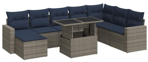 vidaXL 9 Piece Garden Sofa Set with Cushions Grey Poly Rattan Acacia, outdoor sofa set, garden lounge set