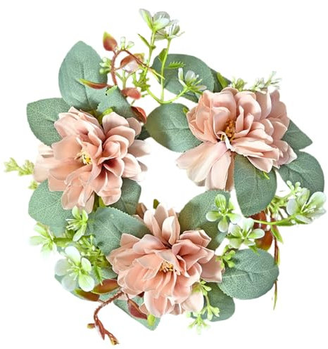 Jeorywoet Candle Rings, Flower Candle Rings 3 ID & 9 OD Artificial Dahlia with Leaves Lifelike & Low Maintenance Table Centerpieces for Dining Table, Wreaths