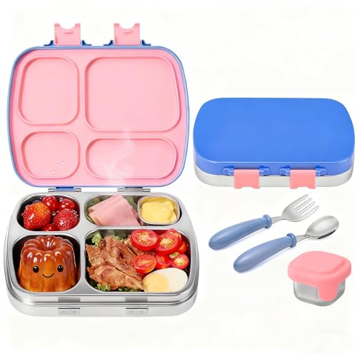 MISS BIG Edelstahl Lunchbox für Kinder 4 Fächer, kommt mit Löffel, Gabel und Soßenbehälter mit Deckel, auslaufsichere Bento-Box, BPA-frei, sturzfest, für Schule, Büro (Blau Rosa Mix)