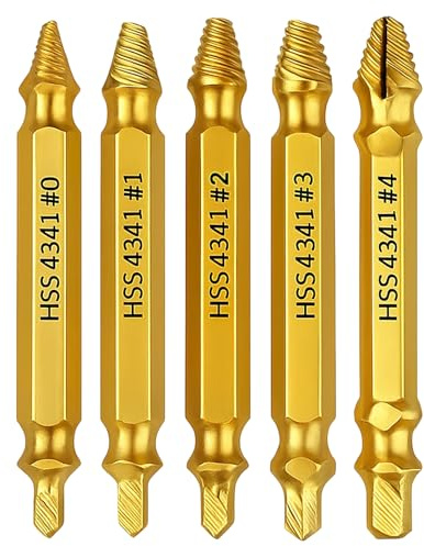 Kit de désvisseurs professionnel 5 pièces en HSS 4341, kit de désvisseurs gauche avec fonction dévissage pour vis endommagées, extracteurs dorés revêtus de titane nitrure