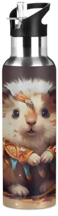 Mexpekil Bouteille d'eau isotherme en acier inoxydable avec paille - Motif hamster - Pour enfants, filles, garçons, école, course à pied, 600 ml