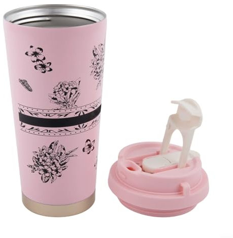 ZiStarlilife Travel Mug 500MlL Insulated Coffee Cup 316 Stainless Steel, With Nylon Strap, Foldable Straw Double Wall Vacuum Flask For Hot Cold Drinks(Pink)