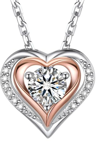 MomentWish Moissanite Necklaces for Women Double Heart Silver Necklace Gift | Moissanite Necklace 925 Sterling Silver White Gold Necklaces for Women Rose Gold Heart Jewellery Gifts for Wife Girlfriend