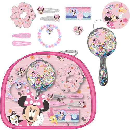 Set di bellezza per ragazze con accessori per capelli Minnie Mouse - Beauty case con specchio, elastici e forcine per bambini - Set completo per acconciature e giocare con design ufficiale Disney