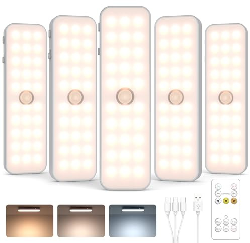 GOODEA 5er Set Aufladbar Schrankbeleuchtung mit Timer, bis 60 Tage Laufzeit | 3 CCT & Dimmbar, 60 LED auf 3 Reihen Schranklicht mit Bewegungsmelder & Fernbedienung für Unterchrank Treppe Flur Beleuchtung