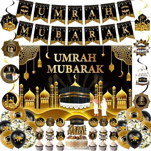 Ramadan Eid Umrah Mubarak Decorations - 42 PC Gold Black Eid Set | 42 Pcs Gold Black Banners Hanging Swirls Cake Toppers Latex Balloons with Backdrop(150*100 cm)