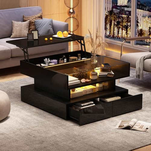 EURHCIO Table Basse Salon Relevable 80x80x45cm,Table de Salon en Verre Trempé Brillant,Meuble Bas Rangement avec Éclairage LED,2 Tiroirs,Rangement Dissimulé(C-Noir)