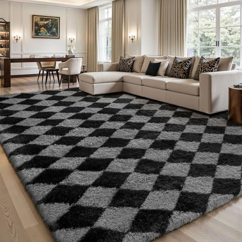 Treeboy Hochflor Teppich Wohnzimmer 200X300 Großer Schwarz und Grau Kariert | Flauschig Shaggy Rutschfest Waschbarer Carpet Schlafzimmer Teppiche Gegend Kinderzimmer Langflor Rug Living Room Jugendzimmer