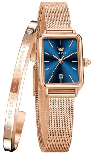 OLEVS Damenuhr, Roségold, Edelstahl-Mesh-Armband, ultradünn, Roségold, wasserdicht, japanisches Quarz, Datum, Damen-Armbanduhr