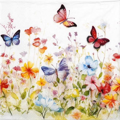 20 Servietten Garten Schmetterlinge im bunten Blumenfeld als Tischdeko. Papierservietten mit Motiv. Auch für Decoupage und Serviettentechnik 33x33cm