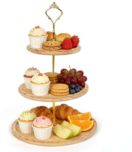 Wooden Afternoon Tea Stands, 3 Tiered Cake Stands with Elegant Rim-Round | Natural Wood, 3 Round Tiers, Gold Hardware, Easy to Assemble, for Wedding Party
