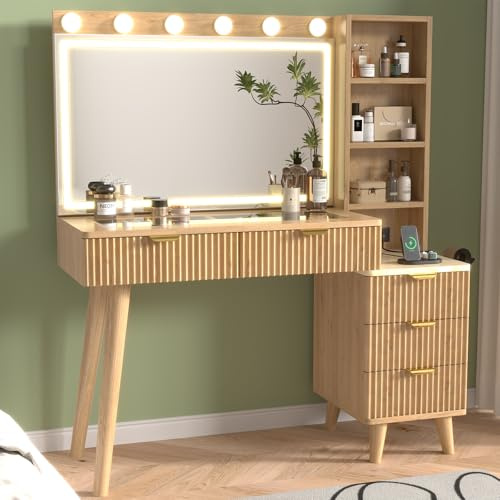 Bvewg 110cm Großer Schminktisch mit Beleuchtung und 80cm Spiegel, moderner Schminktisch aus Holz mit Glasplatte, Schminktisch mit Schubladen und Ablagen,Dressing Table für Schlafzimmer-US-Steckertyp