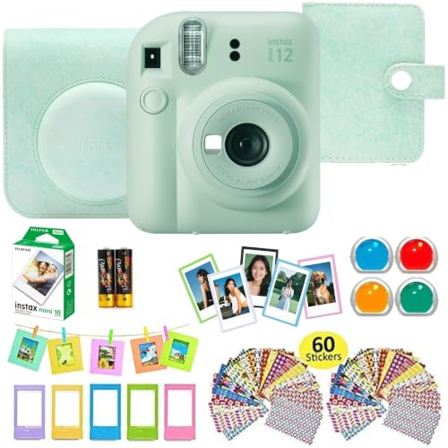 Fujifilm INSTAX Mini 12 Mint Green Camera id Bundle – Includes Mini 12 Green Camera, 10 Shot Mini Film, Mint Green Case, Mini Photo Album, Selfie Mirror, Colour Filters & Photo Display Accessories