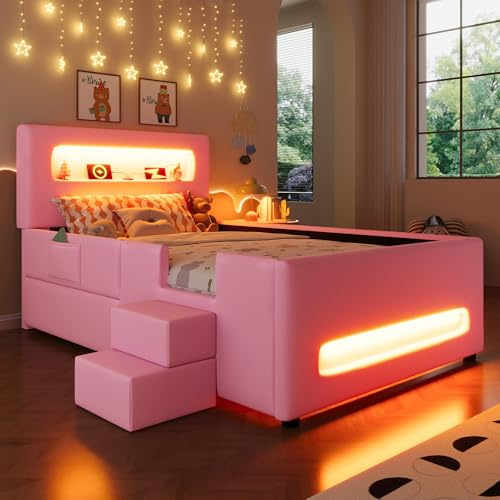 Mrwoo Polsterbett 90x200 cm mit LED-Lichtleisten und USB-Anschluss, Plattformbett mit Treppe und Schubladen, Einzelbett mit Seitentaschen und Stauraum im Kopfteil, PU, Rosa(Ohne Matratze)