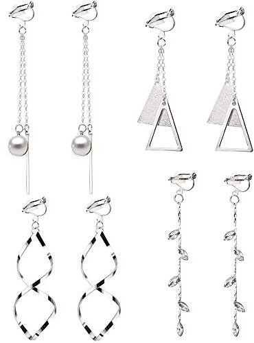 Elicola 4 Pairs Clip On Dangle Earrings, Not Pierced Bar Pearl Triangle Leaves Twisted Drop Dangle Earrings Set for Womens, Silver