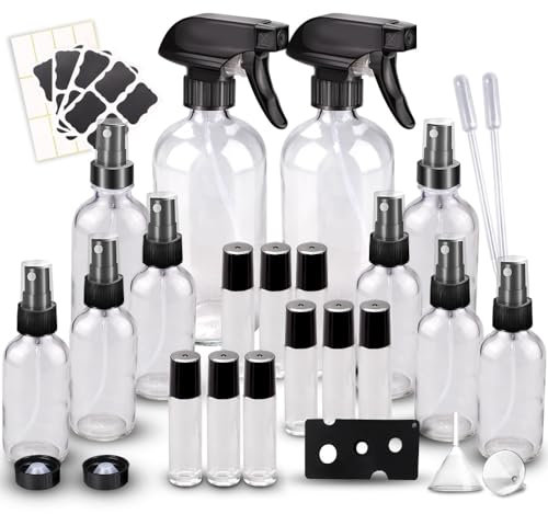 Loretoy Glass Spray Bottle Kit×10 (2×16oz, 2×4oz, 6×2oz), 9×10ml Roller Bottles, Anti UV, Multi Size and Versatile, Suitable for Aromatherapy, Facial Moisturizing, Watering, etc.(Clear)