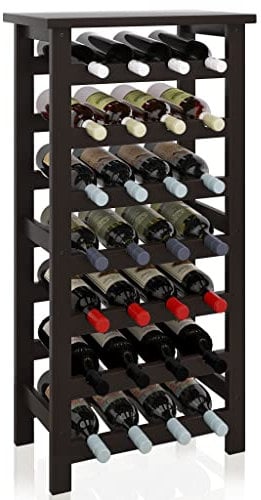 SMIBUY Botellero de bambú, Soporte para 28 Botellas con Parte Superior de Mesa, estantes de Almacenamiento Independientes de 7 Niveles para Cocina, despensa, Bodega, Bar (marrón Oscuro)