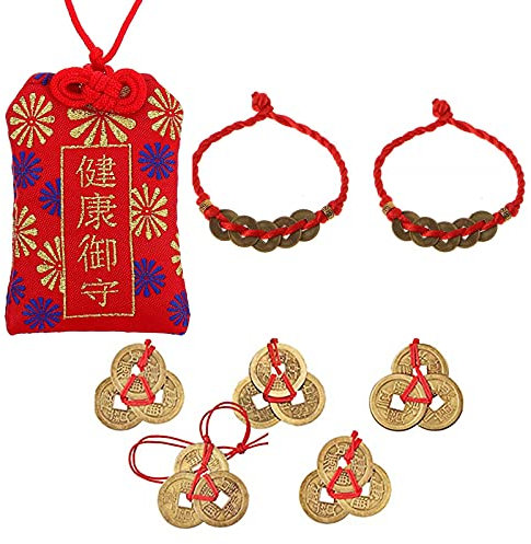 XHBTS - Sachet pendentif porte-bonheur japonais Omamori avec 5 pièces de monnaie chinoises Feng Shui, bracelet à 2 pièces pour la bonne chance et la santé
