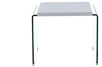 SDM Mesa de diseño Baja BANAK, Cuadrada, lacada en Blanco, Laterales de Cristal Curvado de 12 mm. de Espesor, 60x63 cms