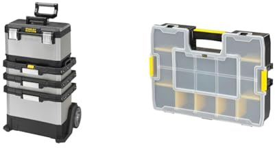 Stanley FATMAX Rolling Workshop Toolbox, Heavy Duty Metal Latch, 4 Level Workstation with Portable Tote Tray with 2 Drawers, 1-95-622 & 1-94-745 Sort Master Seal Tight Professional Organiser