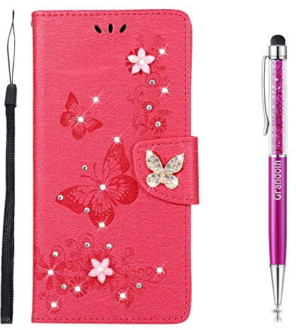 Grandoin Kompatibel mit Samsung Galaxy A52 5G Hülle, Bling Glitzer Glitter Schmetterling Handyhülle im Brieftasche-Stil Handytasche PU Leder Flip Cover Case Schutzhülle Etui (Rose Rot)