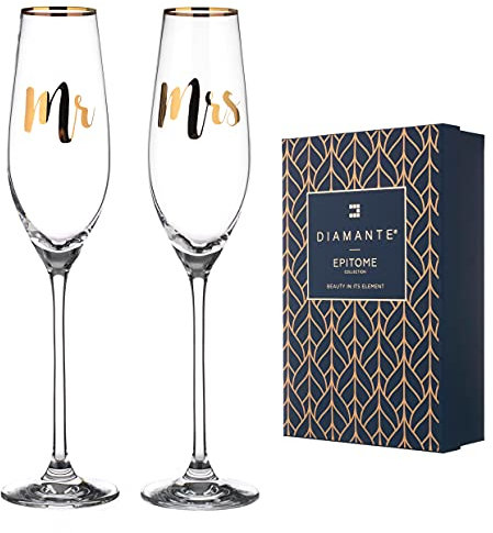 DIAMANTE Flûtes à champagne en cristal ou verre à prosecco – « Mr & Mrs » – Lot de 2 – Peintes en or véritable (Mr & Mrs)