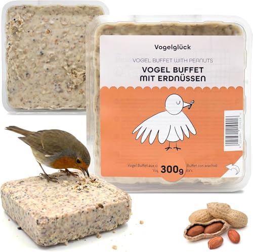 Vogelglück Fettfutter Buffet Erdnuss 6 Stück, Fettblöcke für Wildvögel, schalenfreie Erdnusskerne, Energieblock Ganzjahresfütterung, sauber portioniert, Futterstation Garten Balkon