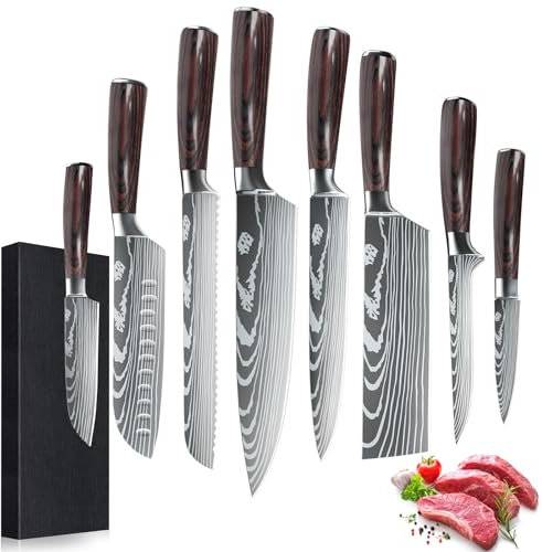 Dfito Set Couteau Cuisine, Couteaux de Cuisine de 9.5-20cm Couteau Cuisine Japonais Viande Ultra Tranchants en Acier IInoxydable 440A Avec étui, Coffret 8 Couteaux Pour les Chefs Professionnels