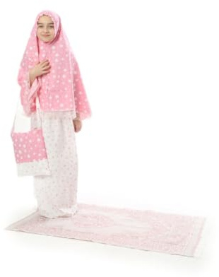Elanesa Mädchen Gebetskleidung Kinder Islamische Kleidung Kleid Mädchen zweiteilige Kleider Maxi skirt, langer Hijab und Rosenkranz Geschenk Sterne gedruckt (885,12-13, Rosa)