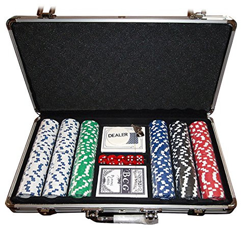 HUOLE Pokerset mit 300 Laser Pokerchips Pokerkoffer Komplett Set Pokerkarten Zubehör inkl. 2X Pokerdecks, 5X Würfel, 3X Dealer Button, Poker, Pokerchips, Koffer, Jetons