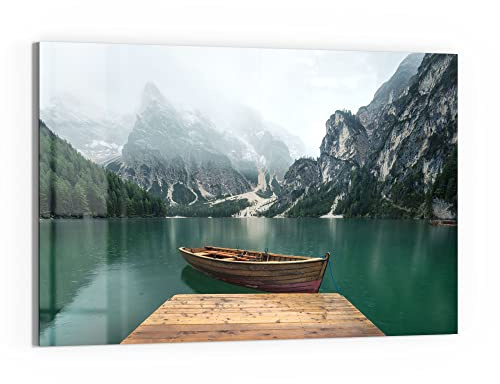 DEQORI Glas-Magnettafel | 60x40 cm groß | Motiv Bergsee und Bootsteg | Memo-Board aus Glas | Magnetboard inkl. Magnete, Stift & Tuch für Küche & Büro | Tafel magnetisch & beschreibbar