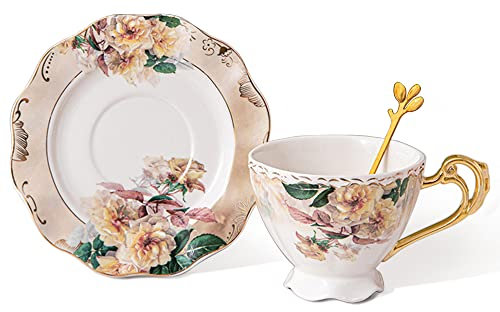 fanquare Set di Tazze da Tè e Piattini in Porcellana Giallo Chiaro, Tazza da 200 ml con Manico Dorato per la Casa, i Regali e le Feste