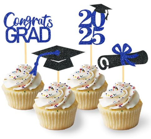 24 Stück Glitzer 2025 Graduation Cupcake Toppers, Abschlussfeier Cupcake toppers, Bachelor Hut Deko, Abschluss Deko für Graduation Abschlussparty Dekoration (schwarz & blau)