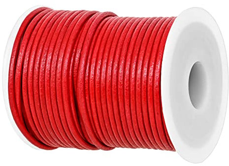 GENIQUE Real/Genuine Round Leather String Cord for Necklace, Bracelets, Jewelry, Kumihimo Braiding, DIY Projects (20 Metres) (2mm, Red)