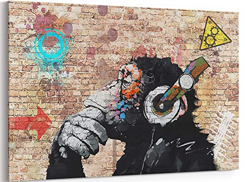 MGSBCXN Graffiti-Wanddekoration, Banksy, Leinwand-Kunstdruck, DJ, denkender Affe mit Kopfhörern, Gemälde, Kunstwerk, Pop-Straßen-Graffiti-Poster, gerahmt, buntes Bild für Musikzimmer-Dekoration, 40,6