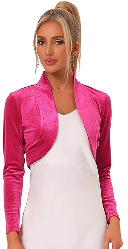 Allegra K Cárdigan de manga larga para mujer, de terciopelo, parte delantera abierta, corto, bolero, hot pink, M