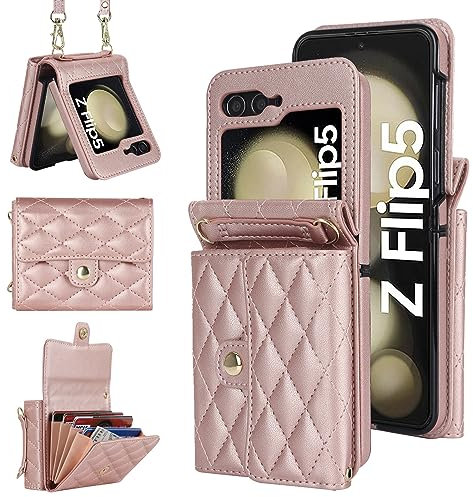 XIZYO for Samsung Galaxy Z Flip 5 Leather Crossbody Wallet Phone Case with Adjustable Removable Lanyard Strap, for Women Girls Cute Luxury Protective Cover with Card Slots, Rose Gold
