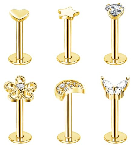 Besyvvin 6er Lippenpiercing Labret Stecker 1,2mm Chirurgenstahl Piercing Lippe Helix Tragus Knorpel Steckers 8mm Silber Gold