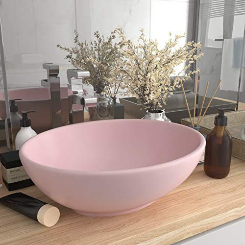 Lavabo de lujo, TANZEM Lavabo Sobre Encimera, Lavabo Baño, Muebles De Baño, Mueble Lavabo, ovalado cerámica rosa mate 40x33 cm