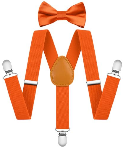 AOOWU Hosenträger für Herren, Breit 2.5 cm mit sehr Starken 3 Metall Clip, 2er Set mit farblich passender Fliege, Einstellbar und Elastisch Einheitsgröße für Junge und Mädchen (Orange-rote)