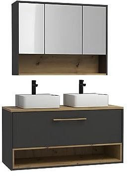 Vente-unique-Waschbeckenunterschrank hängend mit Doppelwaschbecken & Spiegelschrank - 120 cm - Anthrazit - YANGRA
