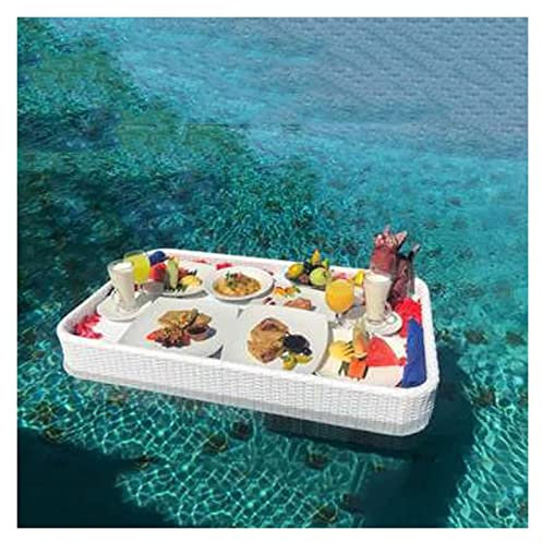 Bandeja flotante para servir mesa de piscina, bandeja flotante rectangular de ratán, elegante mesa y barra flotante para servir, bandeja de desayuno flotante impermeable para piscina (blanco 80 x 80