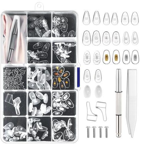 Oruola 55 paires de plaquettes de nez pour lunettes, kit de réparation de lunettes, kit de réparation de lunettes avec vis, chiffon de lunettes, tournevis, pince à épiler, 5 paires de chacun des 11
