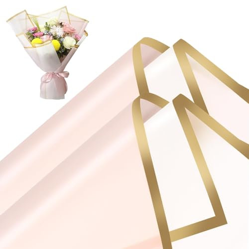 Rosa und Weiß Blumen Papier Verpackung TUIOLUI 14 Stück 58x58 cm Minimalistisches Blumenstrauß Geschenkpapier mit Goldrand Wasserdicht Papierblumen Flower Bouquet Wrapping Paper