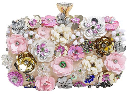 Evening Bag Beaded Clutch Purses for Women Flower Clutch Floral Purse Handbag Wedding Guest Dress Party Clutches Fancy, Rose Gold