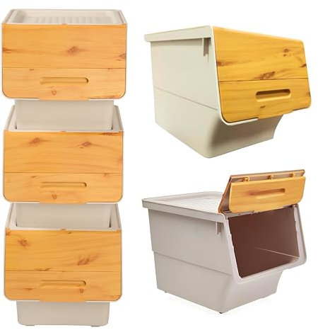 3FlexHome Stackable Toy Storage Box on Wheels with Front Lid – Plastic Storage Containers for Toys, Snacks, Clothes, Multi-Purpose Tower Organiser for Kitchen, Bathroom, Bedroom (Cream-Bamboo, 3x33LT)