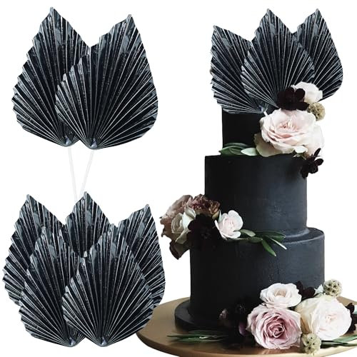 Ephlyn 6Pcs Paper Palm Leaves Fan Cake Toppers Palm Leaf Fan Cake Picks Craft DIY Fan Cupcake Toppers Palm Spear Leaves Cake Decorations for Baby Shower Wedding Birthday Party Supplies Bright Black