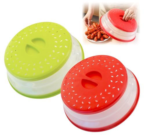 Hwtcjx 2 Pcs Microwave Cover, Plate Covers, Microwave Food Covers, Made of Plastic PP + TPR Material, Foldable, High Temperature Resistant, for Oil and Splash Proof, Drain, Fruit Tray (Red, Green)