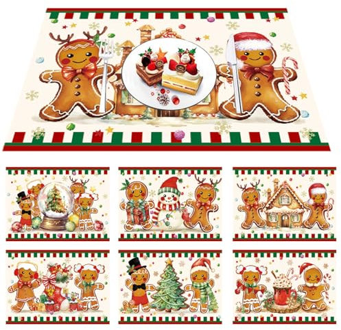Weihnachtstisch-Platzsets, Kunststoff, waschbar, rot und grün, für den Winter, Weihnachten, Urlaub, Dekoration, 43 x 30 cm, 6 Stück (Lebkuchenmann)