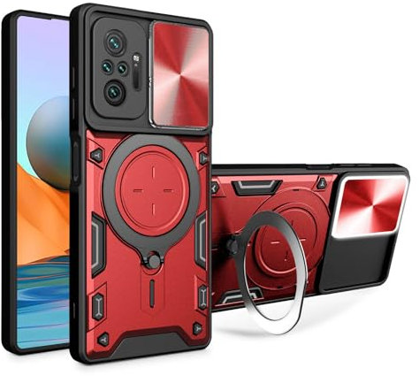 ILING Hülle für Xiaomi Redmi Note 10 Pro 4G, Metallisch Matte Textur Harte PC Stoßfeste Handyhülle, Weich Silikon TPU Bumper Schutzhülle mit Ring Ständer und Kameraschutz (Rot)